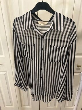 Decree Black & White Striped Sheer Button Down Blouse Size XL